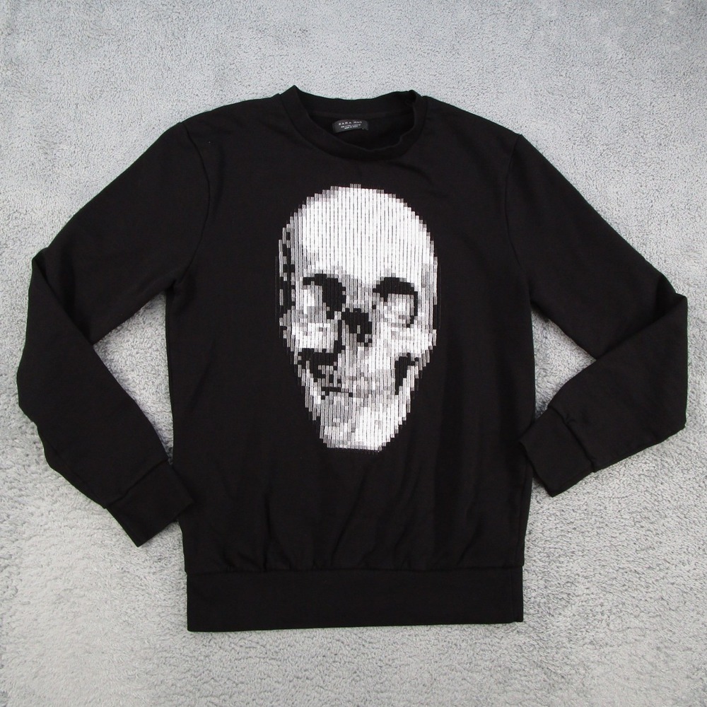 Zara Man Black Pixel Skull Graphic Sweatshirt Mens Large Long Sleeve Pullover